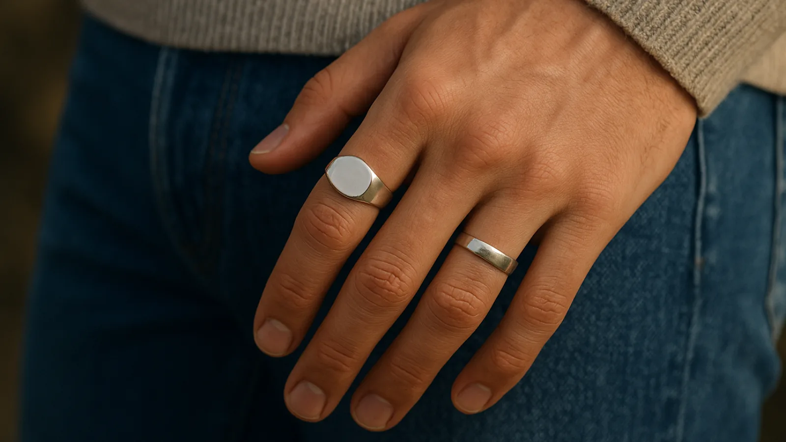 Close-up of a man’s hands wearing two silver rings — a polished band, a plain signet — resting naturally on denim jeans under soft daylight.