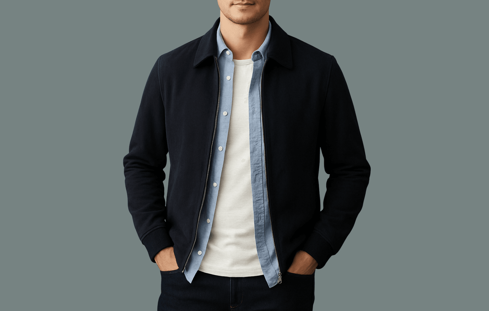 A male model with a shorter build wearing a white lightweight Henley under a light blue Oxford shirt, layered with a navy suede bomber jacket. The outfit is cropped from the face to the knees, showing proportionate layering for a shorter frame.