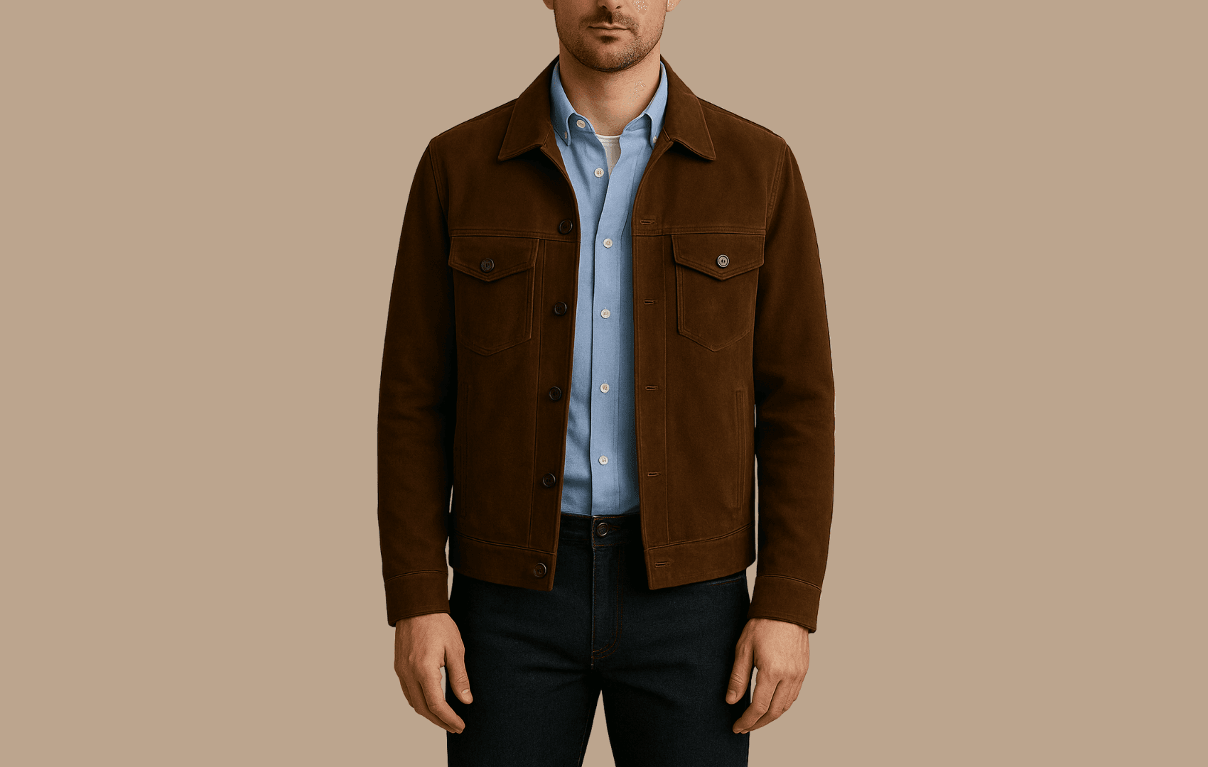 A man wearing a dark brown suede trucker jacket over a light blue Oxford shirt and white merino crewneck tee, shown from nose to waist against a neutral background.