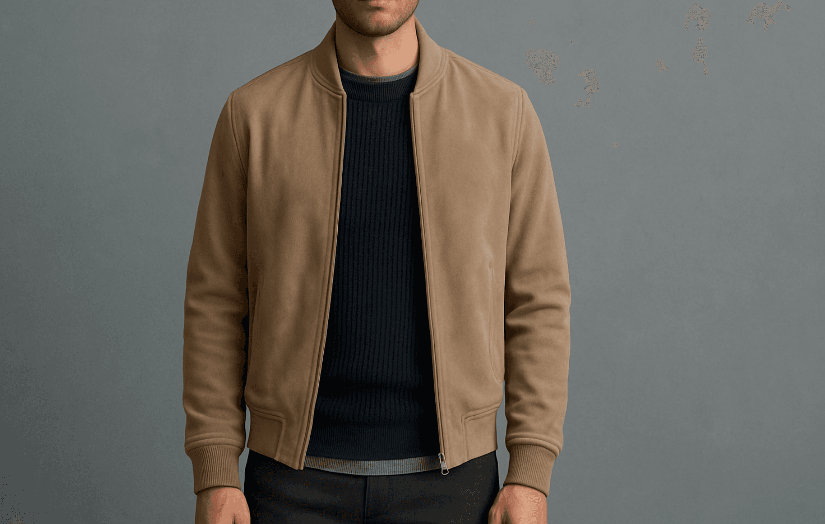 A man wearing a light beige suede bomber jacket over a navy ribbed sweater and gray merino crew neck tee, shown from face to thighs against a neutral background.