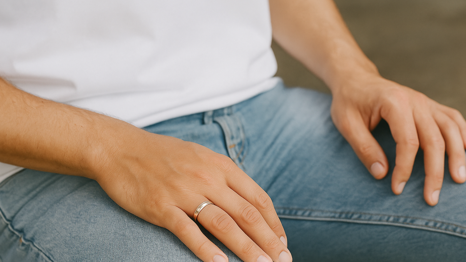 Close-up of a man’s hands resting on light wash jeans, wearing a slim silver ring on his right hand and a fitted white T-shirt in natural daylight.