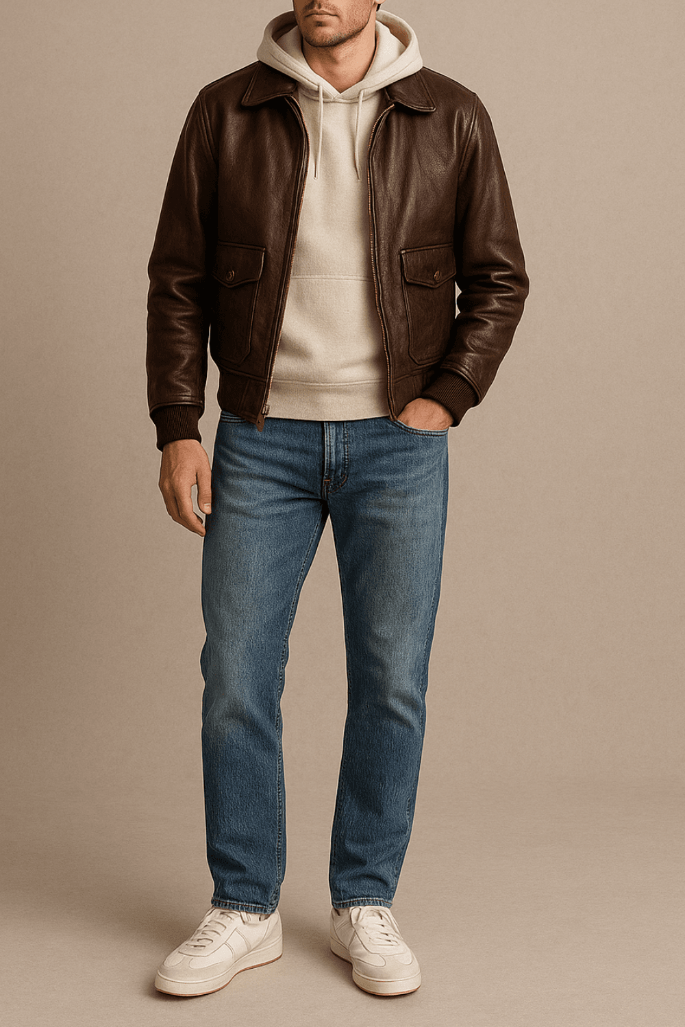 A stylish man wearing a cream cotton hoodie layered under a dark brown leather bomber jacket, paired with faded blue straight-leg jeans and white retro-style sneakers. Full-body shot against a neutral beige background with soft lighting, showing realistic textures and casual layering details.