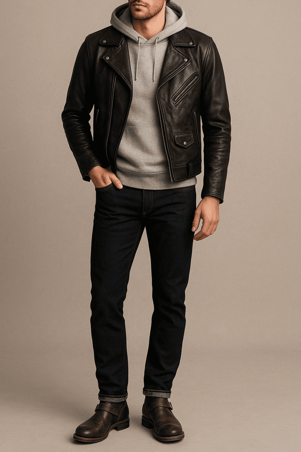 A stylish man wearing a light gray hoodie layered under a black leather moto jacket, paired with dark indigo slim-fit jeans and dark brown cruiser boots. The outfit highlights smart layering with realistic fabric textures, set against a neutral background with soft lighting.