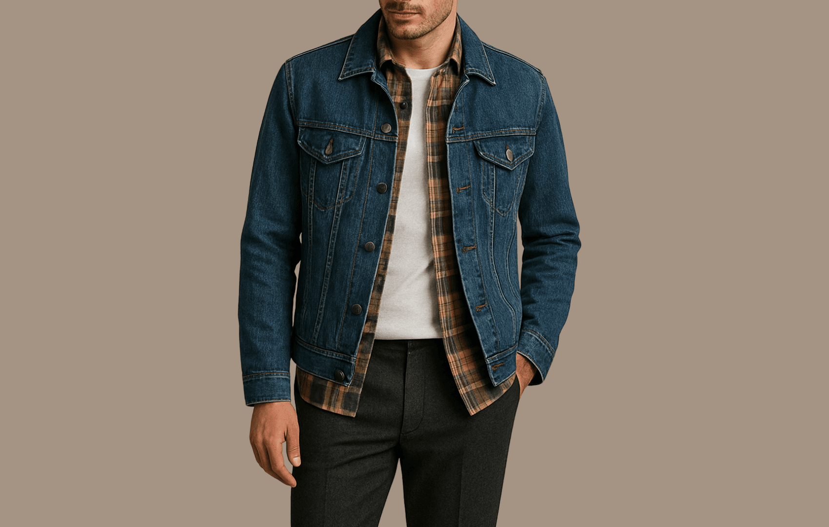 A stylish man wearing a white crew-neck T-shirt layered with a brown plaid flannel and a medium-wash denim jacket, paired with dark gray trousers, standing against a neutral beige background in soft, editorial lighting.