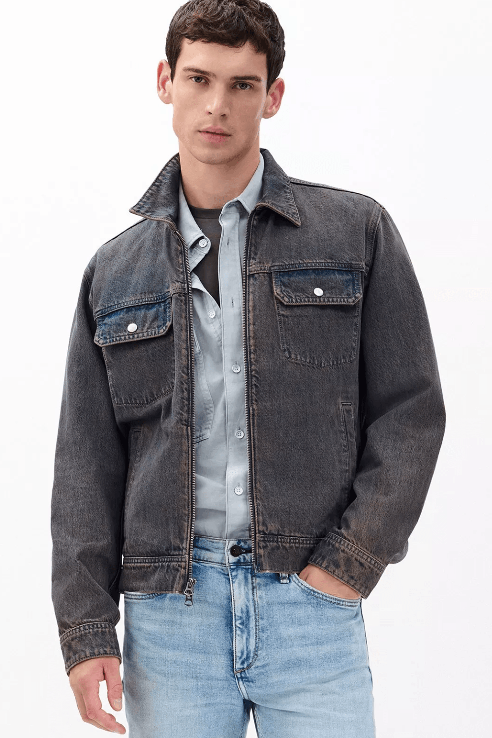 Man wearing Rag & Bone Beau Infuse Denim Trucker Jacket in Ochre Blue