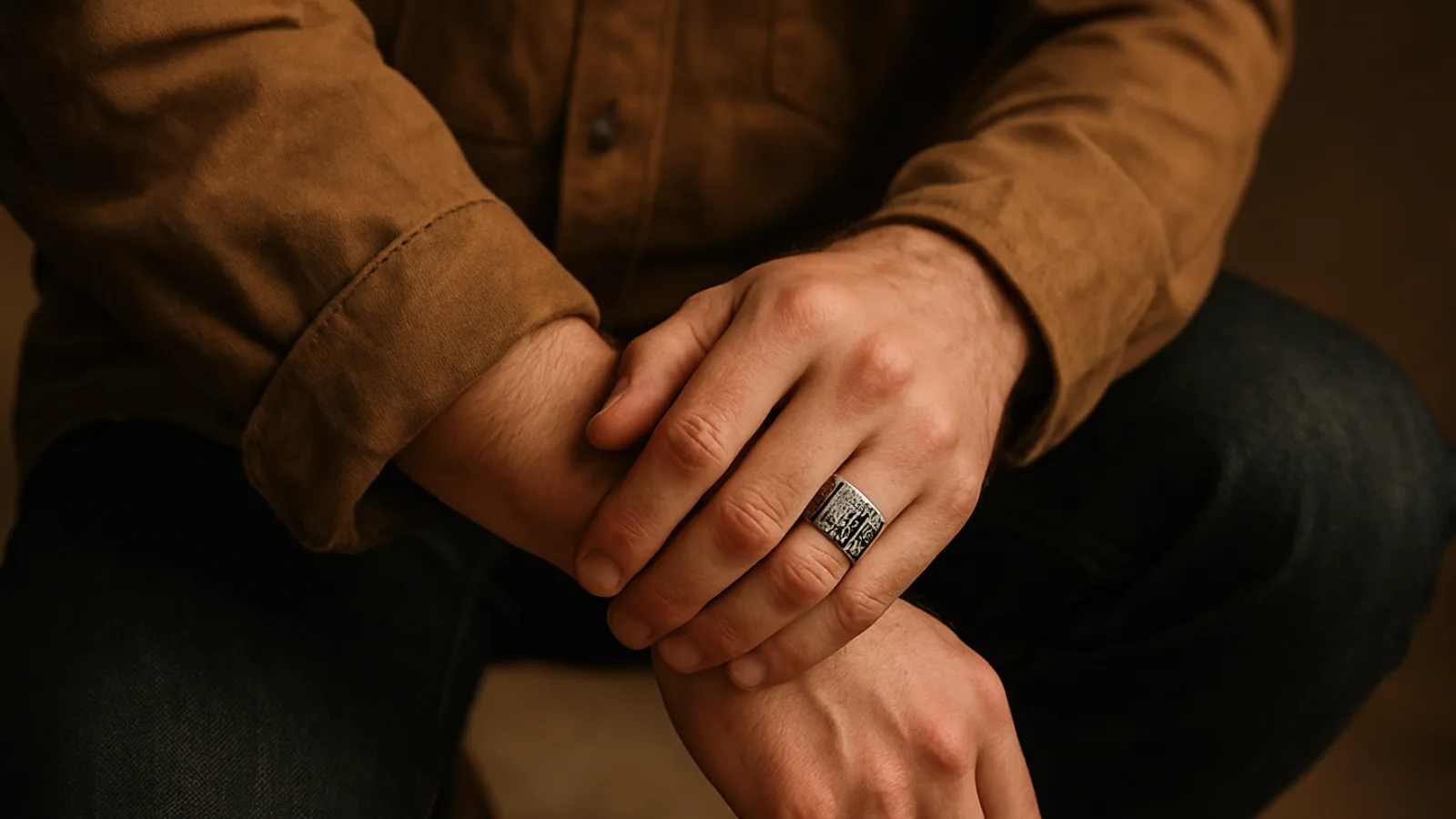 Close-up of a man rolling up the sleeve of a brown chore coat, wearing dark denim and leather boots. The focus is on an oxidized silver ring with engraved vintage details, illuminated by warm, earthy light.
