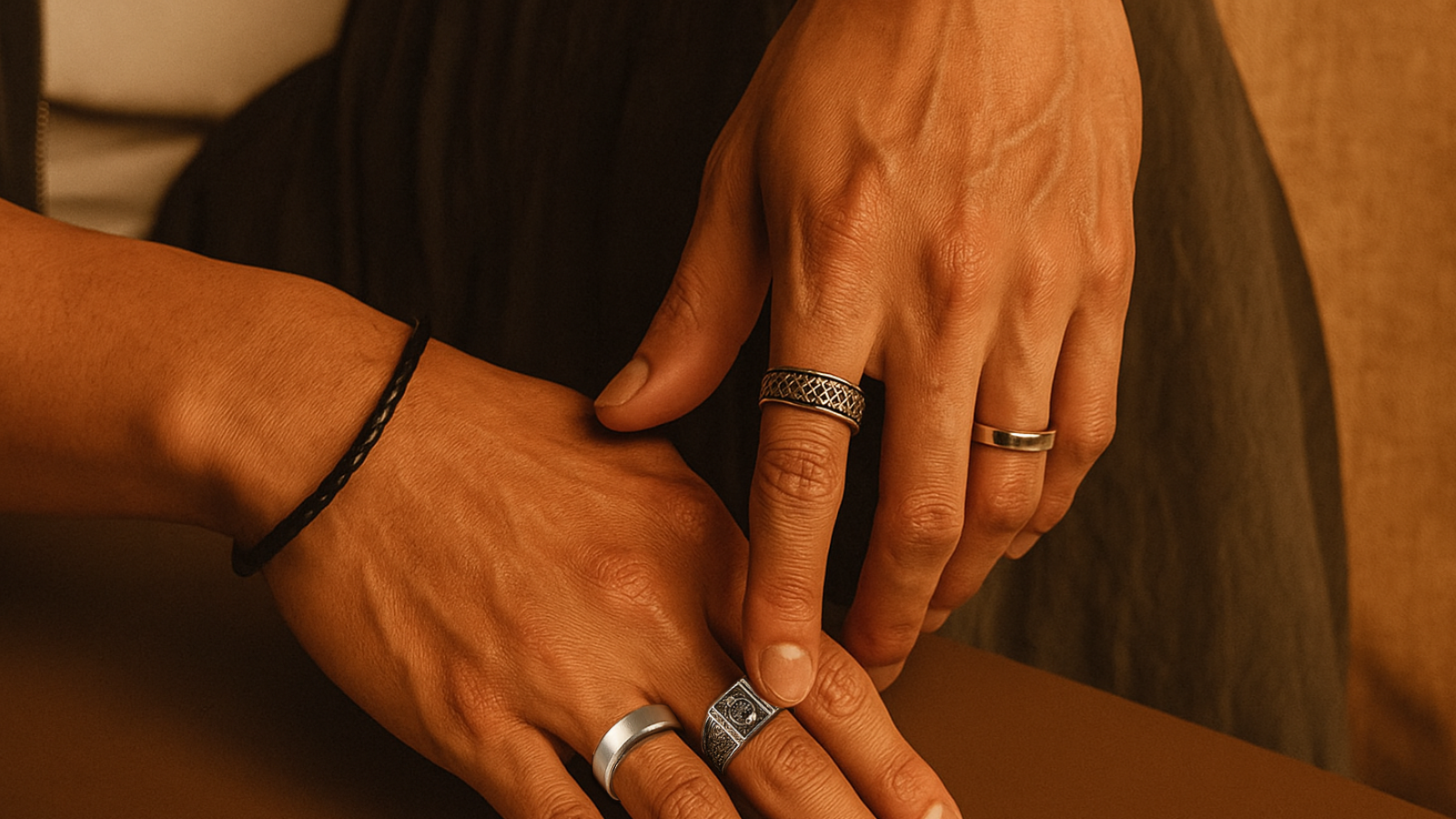 Close-up of a man’s hands wearing four silver rings and one black braided bracelet, styled in warm earthy tones.