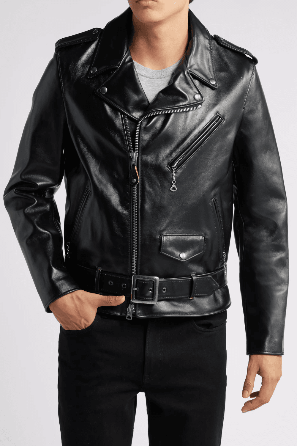 Man wearing Schott Perfecto Black Leather Jacket