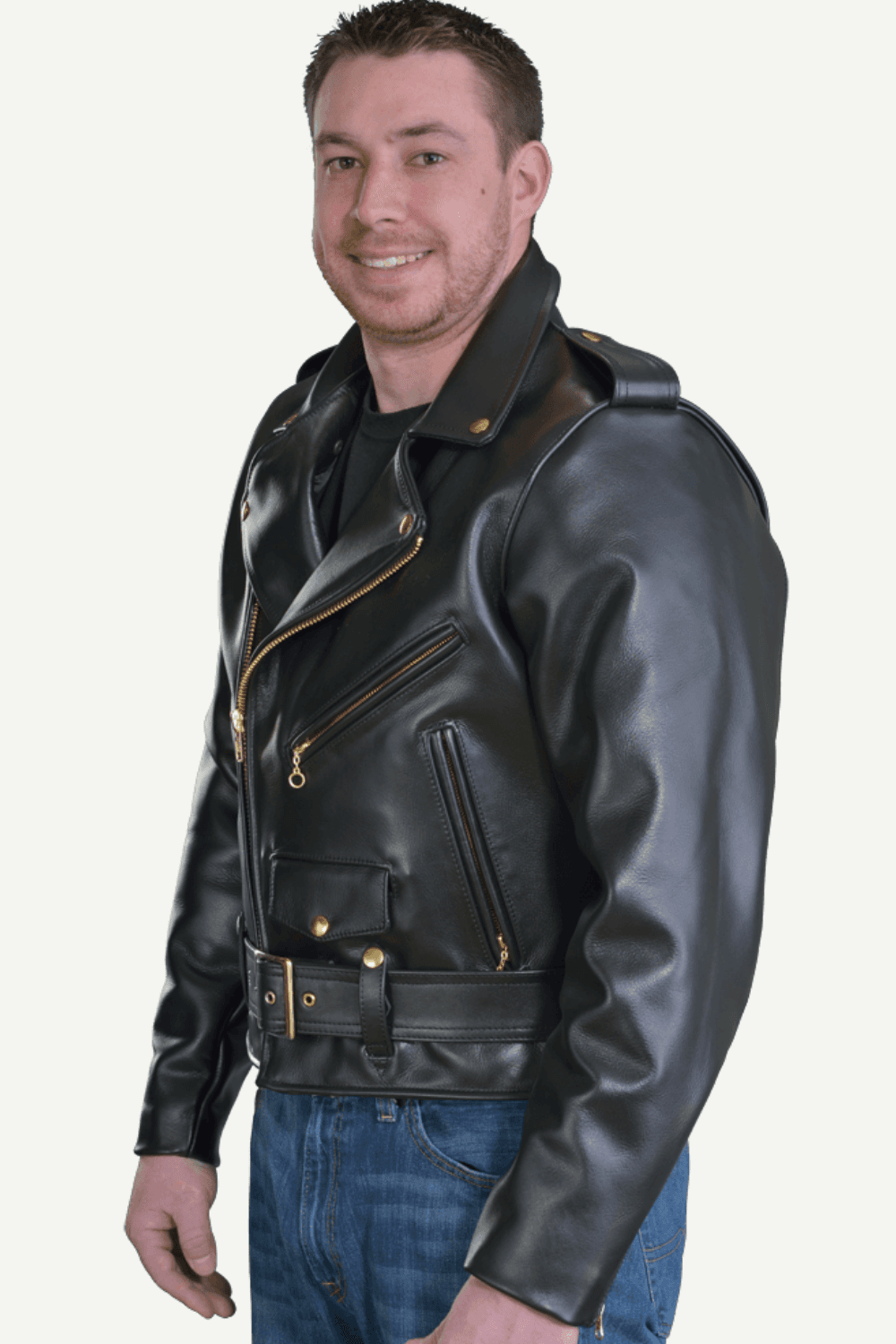 Side view of a man wearing Vanson Model C2 Brando Style Leather Jacket in Black