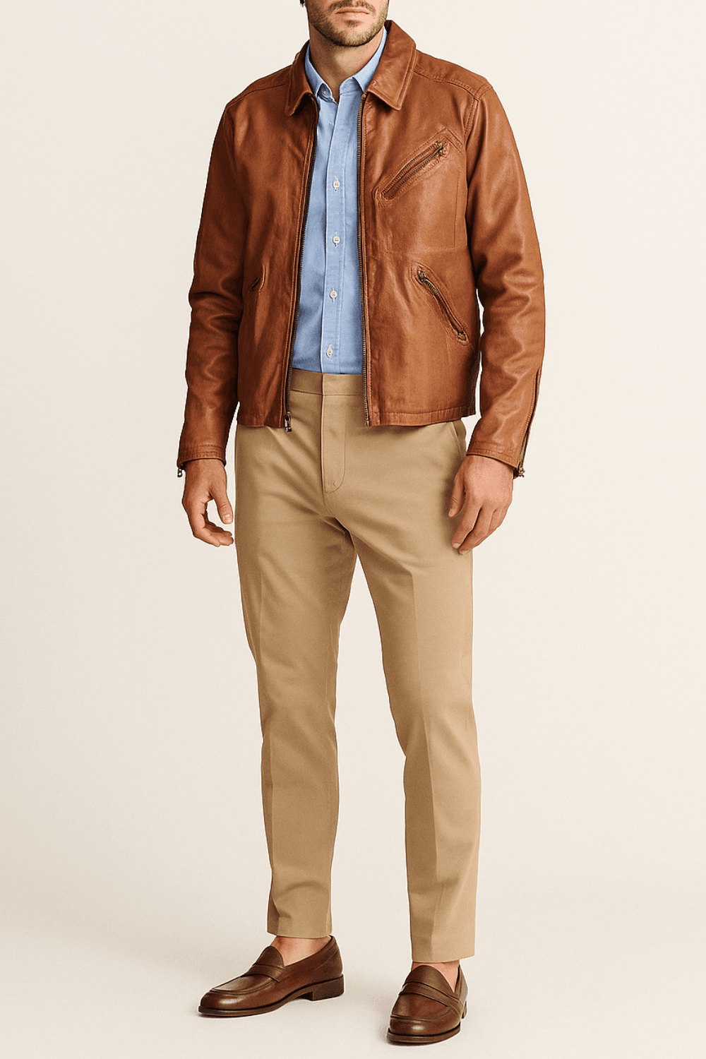A man wearing a brown leather jacket over a light blue oxford shirt, paired with beige chinos and brown loafers, standing against a neutral background.