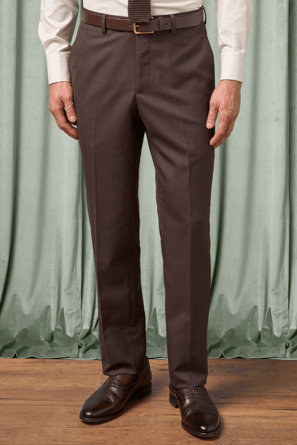 man wearing Spier & Mackay Brown High Twist Wool Trousers