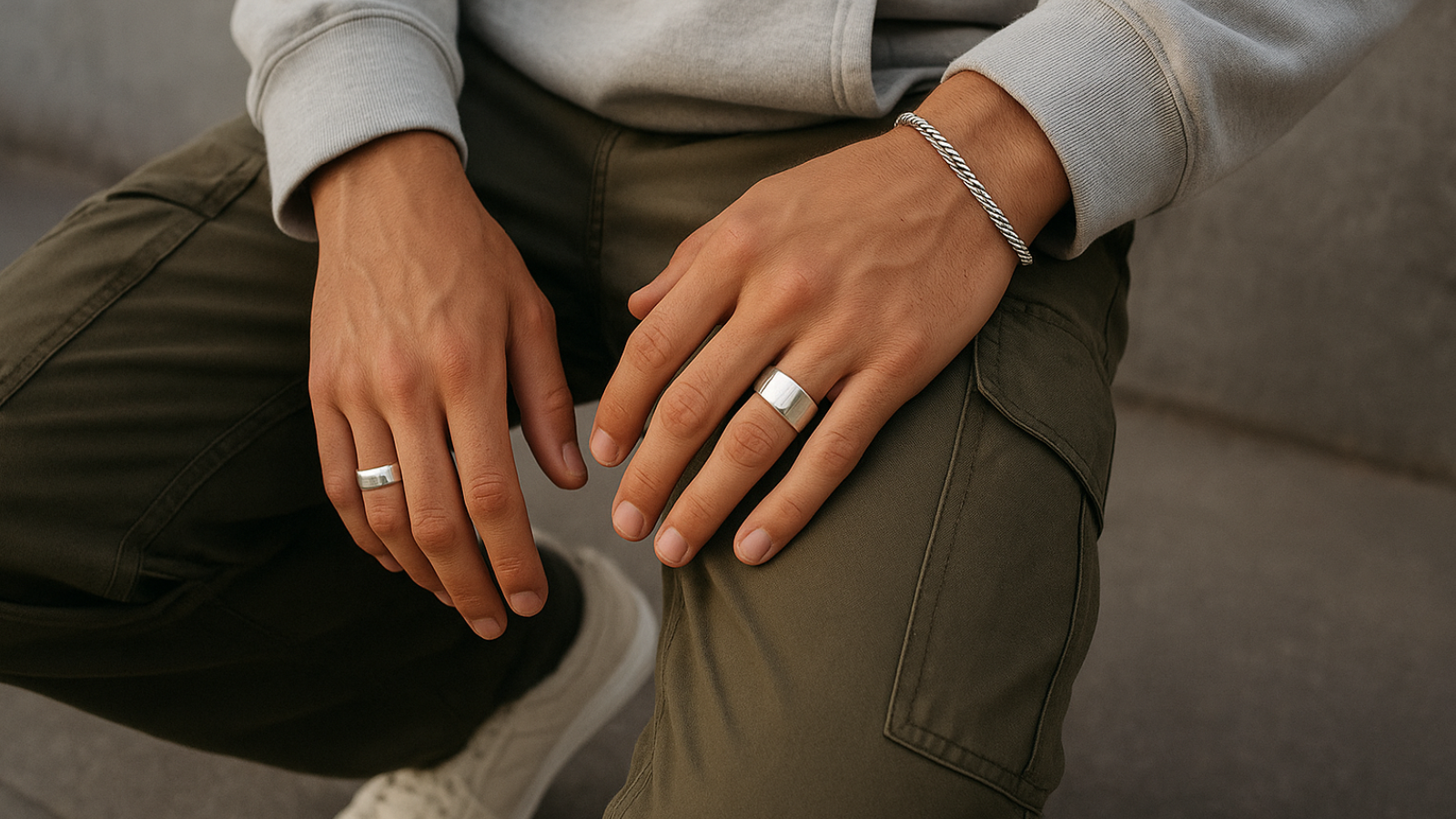 Close-up of a man’s hands and waistline wearing loose cargo pants, an oversized hoodie, and sneakers. His fingers feature multiple silver rings — including a band and a signet ring — along with a slim silver rope bracelet on his wrist. The lighting is modern and urban, emphasizing casual streetwear style.