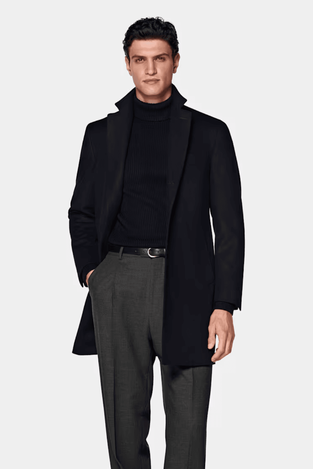 Man wearing Suitsupply Single‑Breasted Overcoat in Black