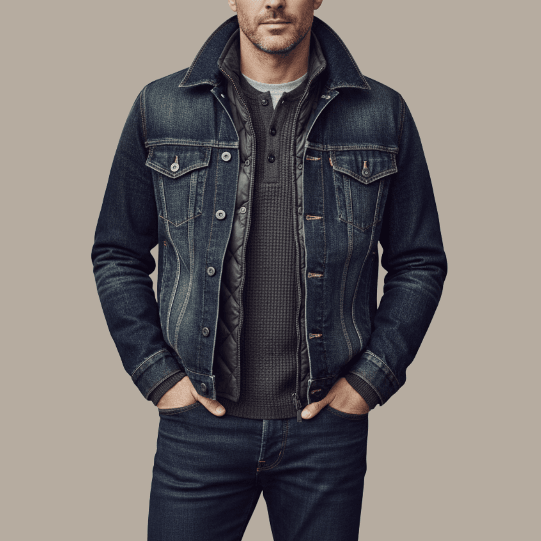 A stylish, middle-aged man with short brown hair and light stubble poses for a fashion editorial shot. He wears a layered outfit consisting of a dark indigo denim jacket over a dark gray quilted vest and a charcoal Henley shirt. He is looking directly at the camera with his hands in his pockets against a neutral, concrete-like background.