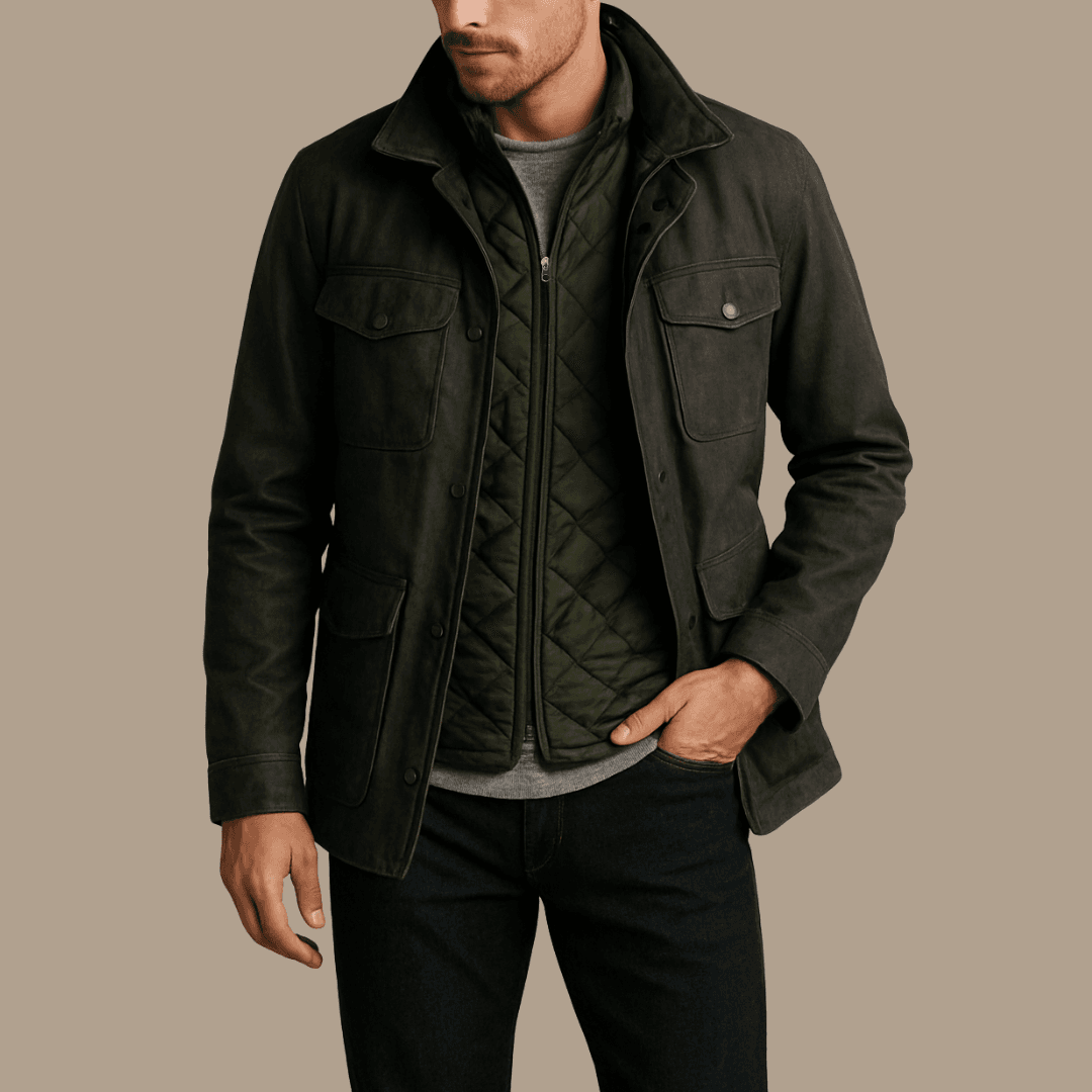 A stylish man wearing a gray long-sleeve tee layered under a forest green quilted vest and a charcoal waxed canvas field jacket. He stands against a neutral beige background, captured in soft, even lighting that highlights the textures and details of each layer.