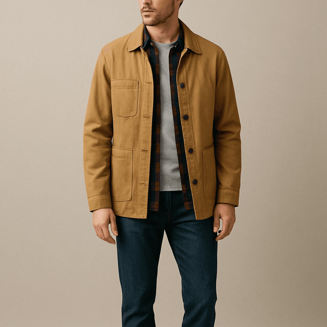 A stylish man wearing a light gray long-sleeve tee layered under a navy and red flannel shirt and a tan cotton twill chore coat. He is dressed in dark jeans and brown suede shoes, standing against a neutral background with soft lighting.