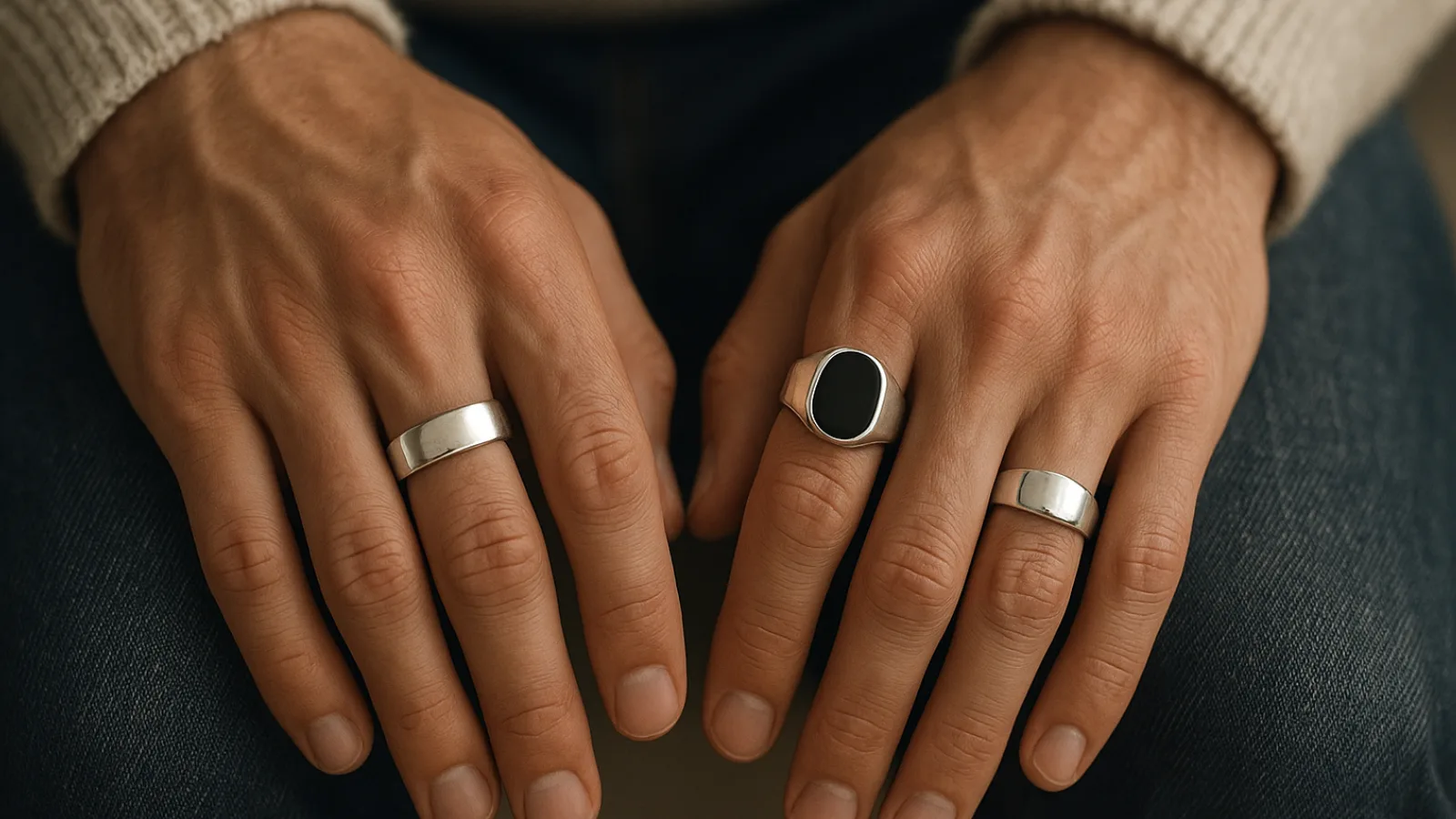 Close-up of a man’s hands wearing three silver rings — a polished band, a plain signet, and an onyx signet — resting naturally on denim jeans under soft daylight.