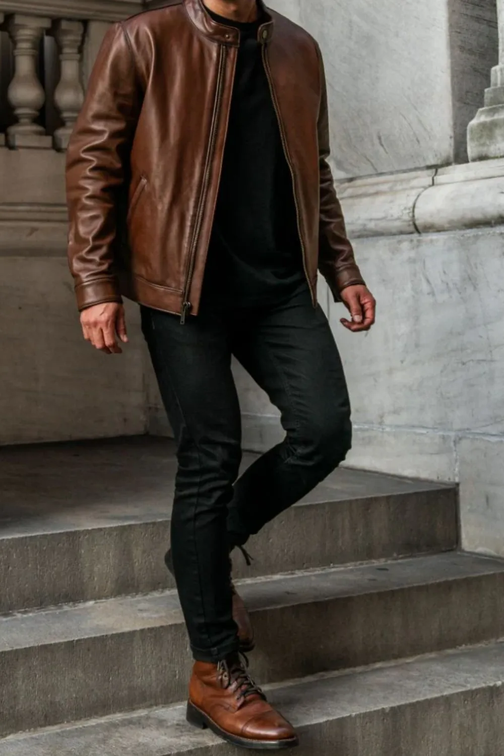 Man wearing Thursday Boot Company Racer Jacket in Brown