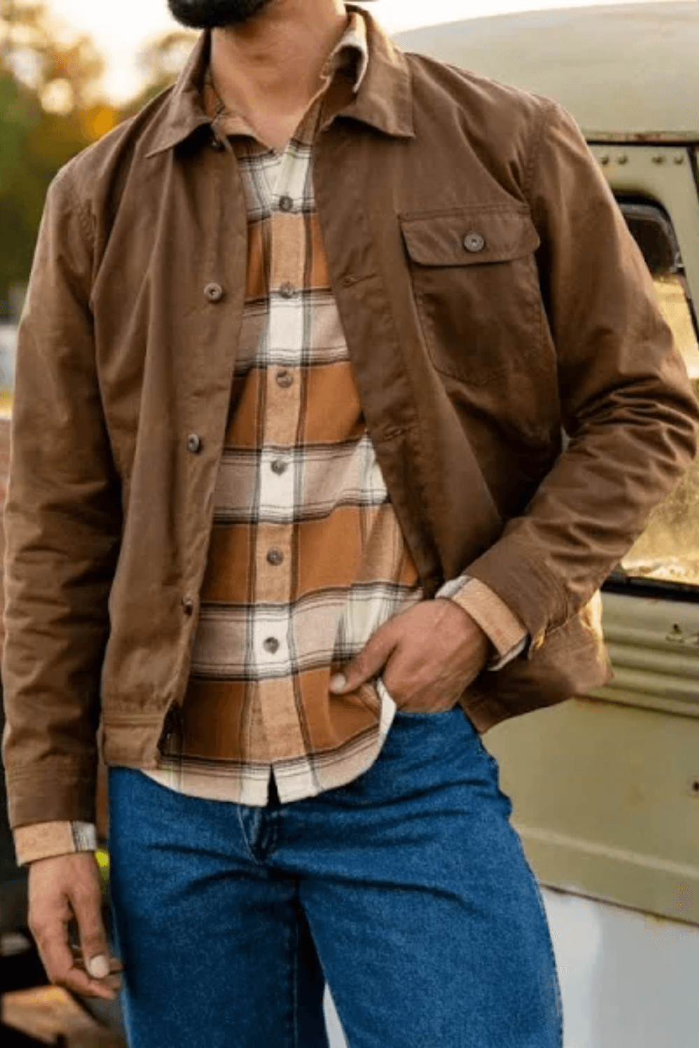 Man wearing Thursday Boots Company Waxed Canvas Field Jacket in Brown
