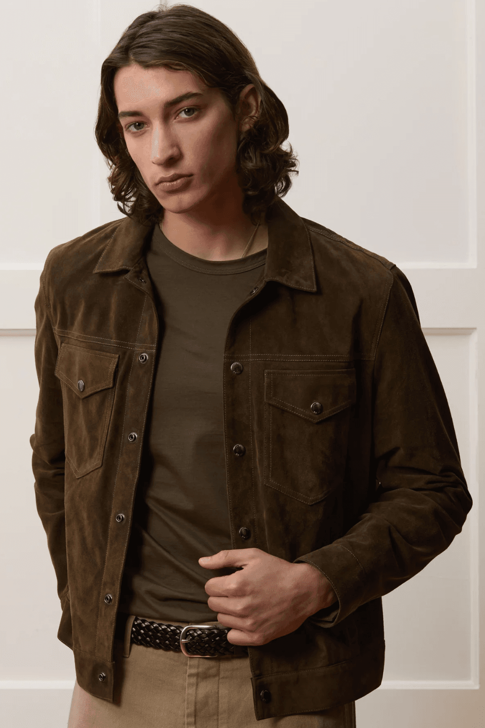 Man wearing Todd Snyder Italian Suede Dylan Jacket in Olive