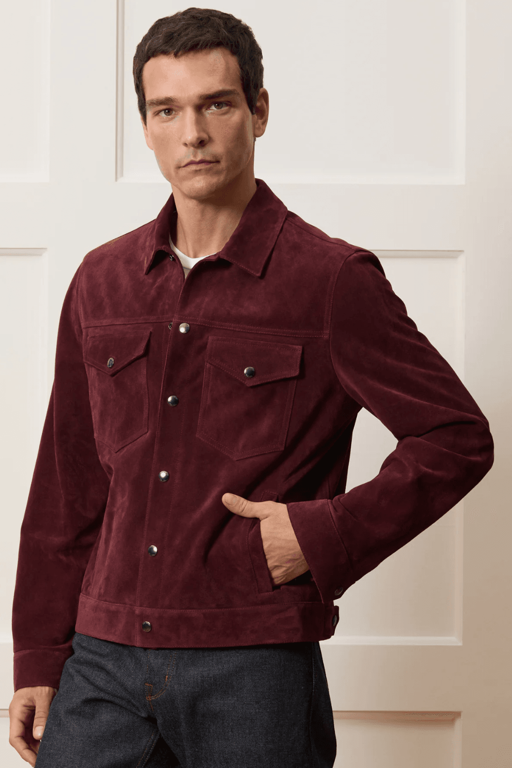 Man wearing Todd Snyder Italian Suede Dylan Jacket in Oxford Red