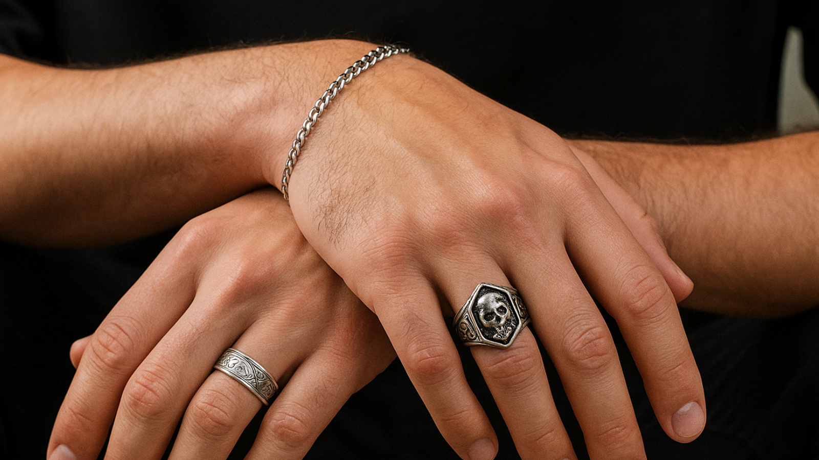 Close-up of a man’s crossed hands wearing two silver rings and a silver chain bracelet. The left hand has an engraved band on the middle finger. The right hand has a biker-style ring with a skull design on the index finger.