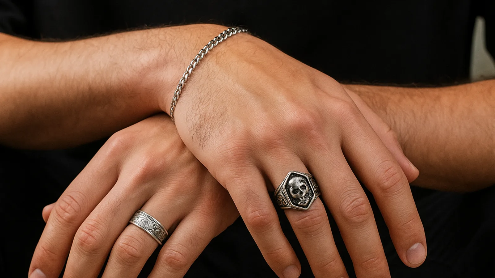 Close-up of a man’s crossed hands wearing two silver rings and a silver chain bracelet. The left hand has an engraved band on the middle finger. The right hand has a biker-style ring with a skull design on the index finger.