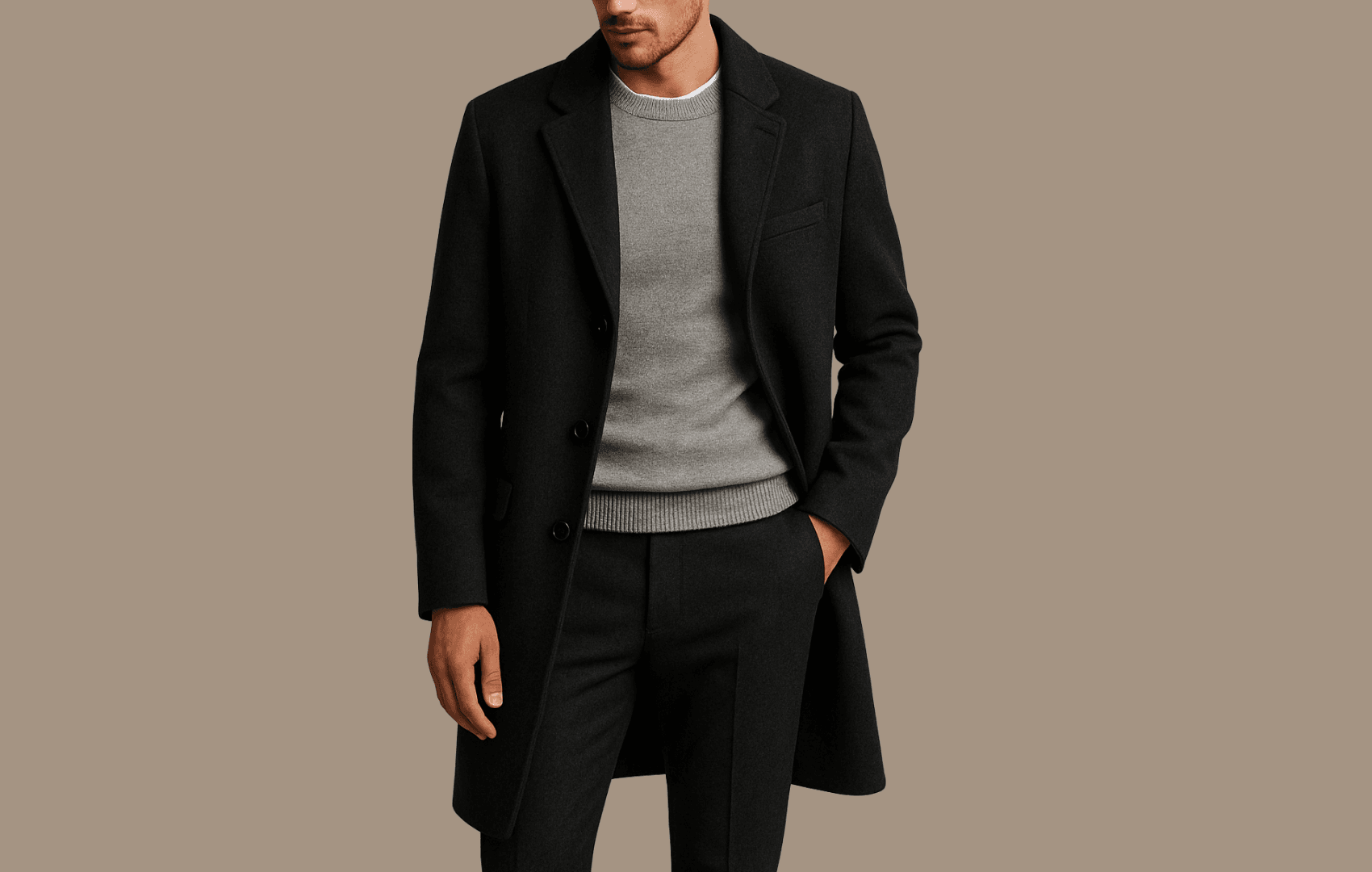 A stylish man wearing a crisp white ribbed tee under a light gray merino wool sweater and a dark charcoal wool-cashmere overcoat, standing against a neutral background in soft lighting.