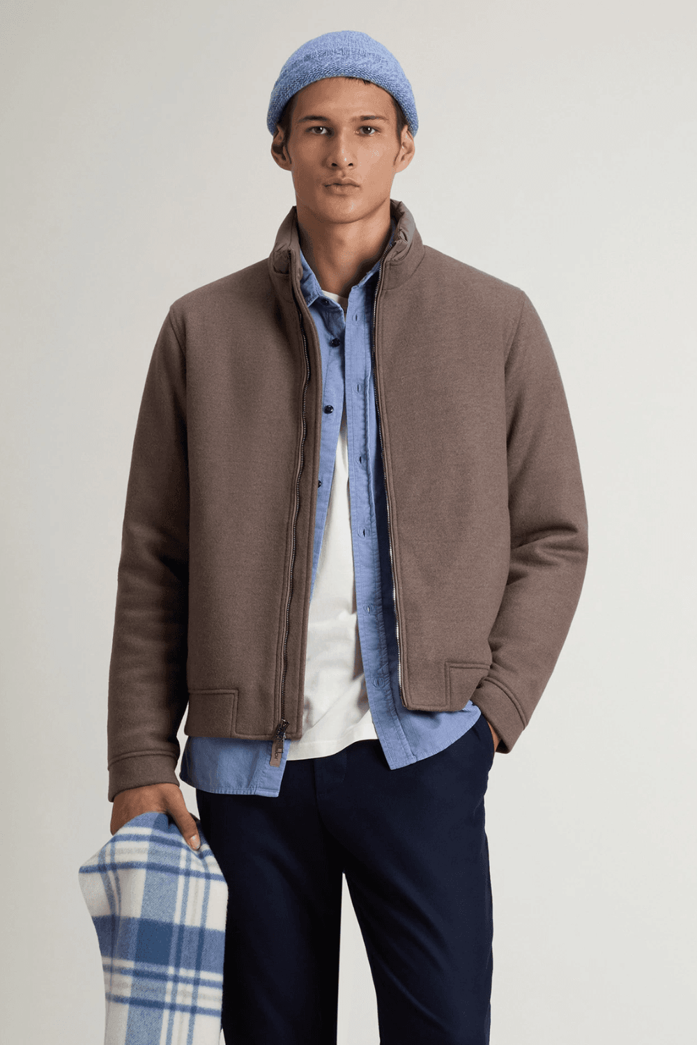 Man wearing Woolrich Brown Lewis Bomber Jacket in Wool and Cotton Blend