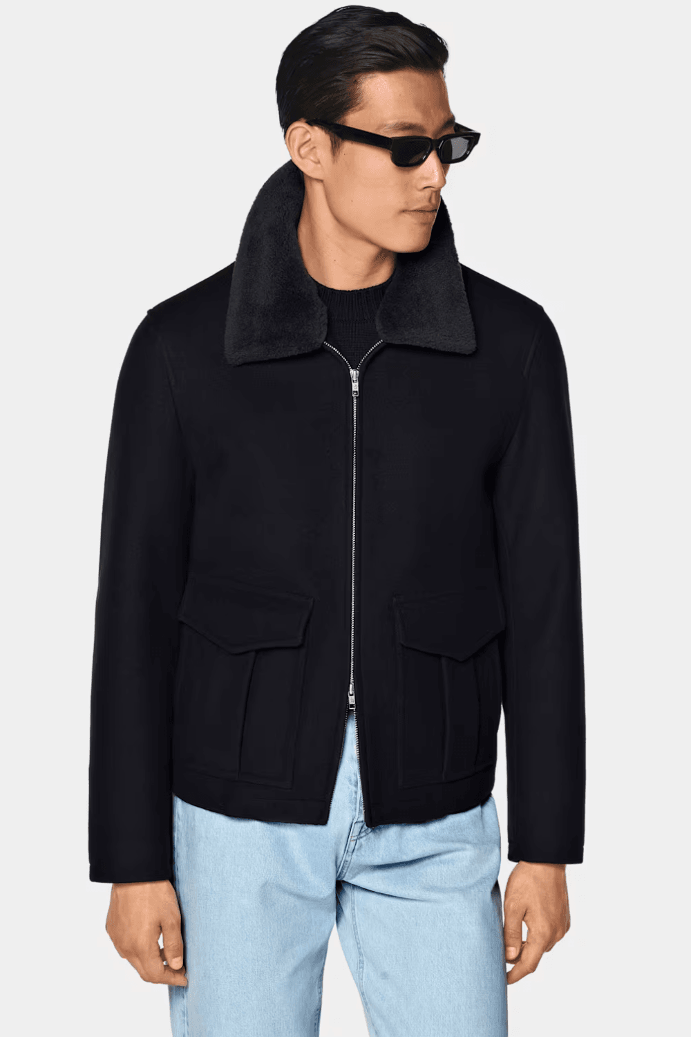 man wearing Suitsupply Navy Pure Wool Bomber Jacket