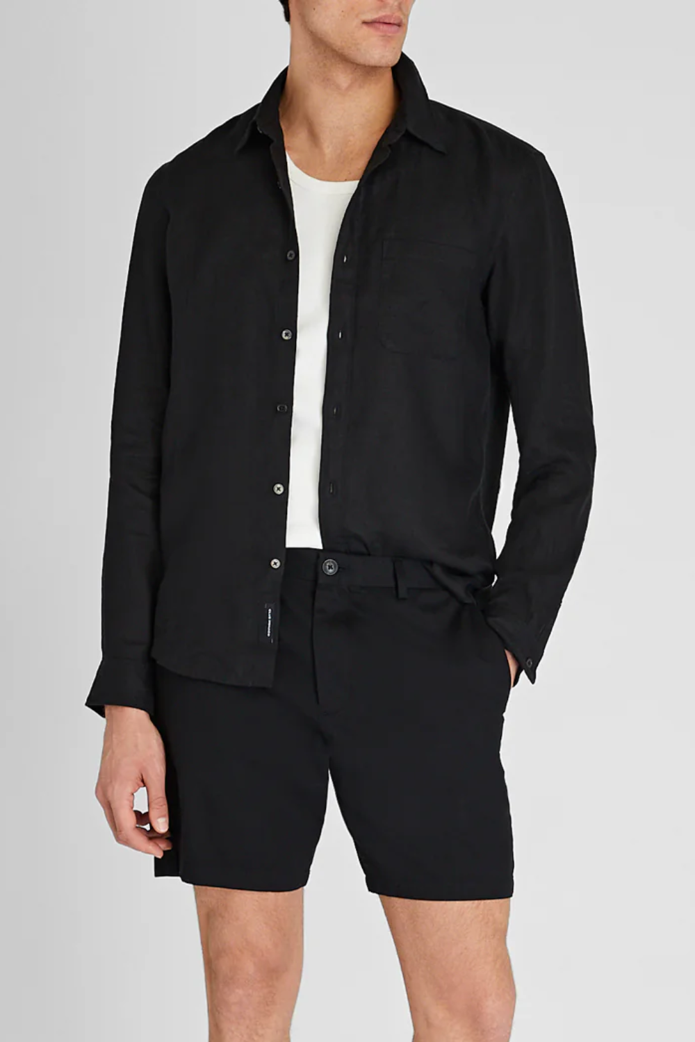 Man Wearing Club Monaco Mens Slim Fit Linen Shirt in Black