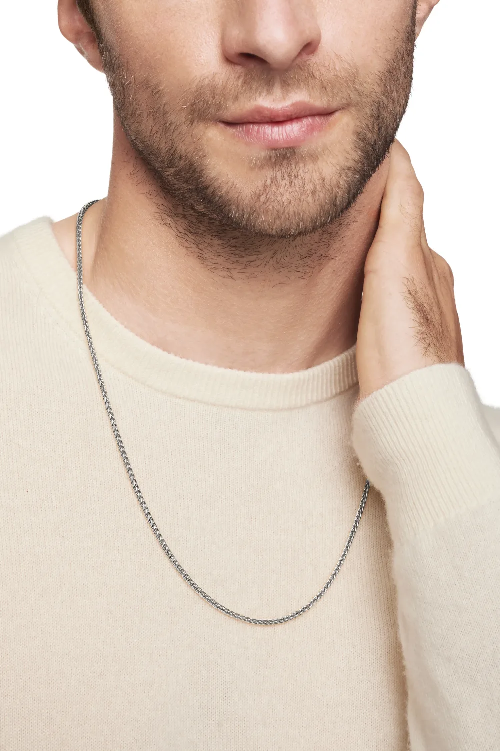 Man Wearing David Yurman 2.5mm Sterling Silver Wheat Chain Necklace