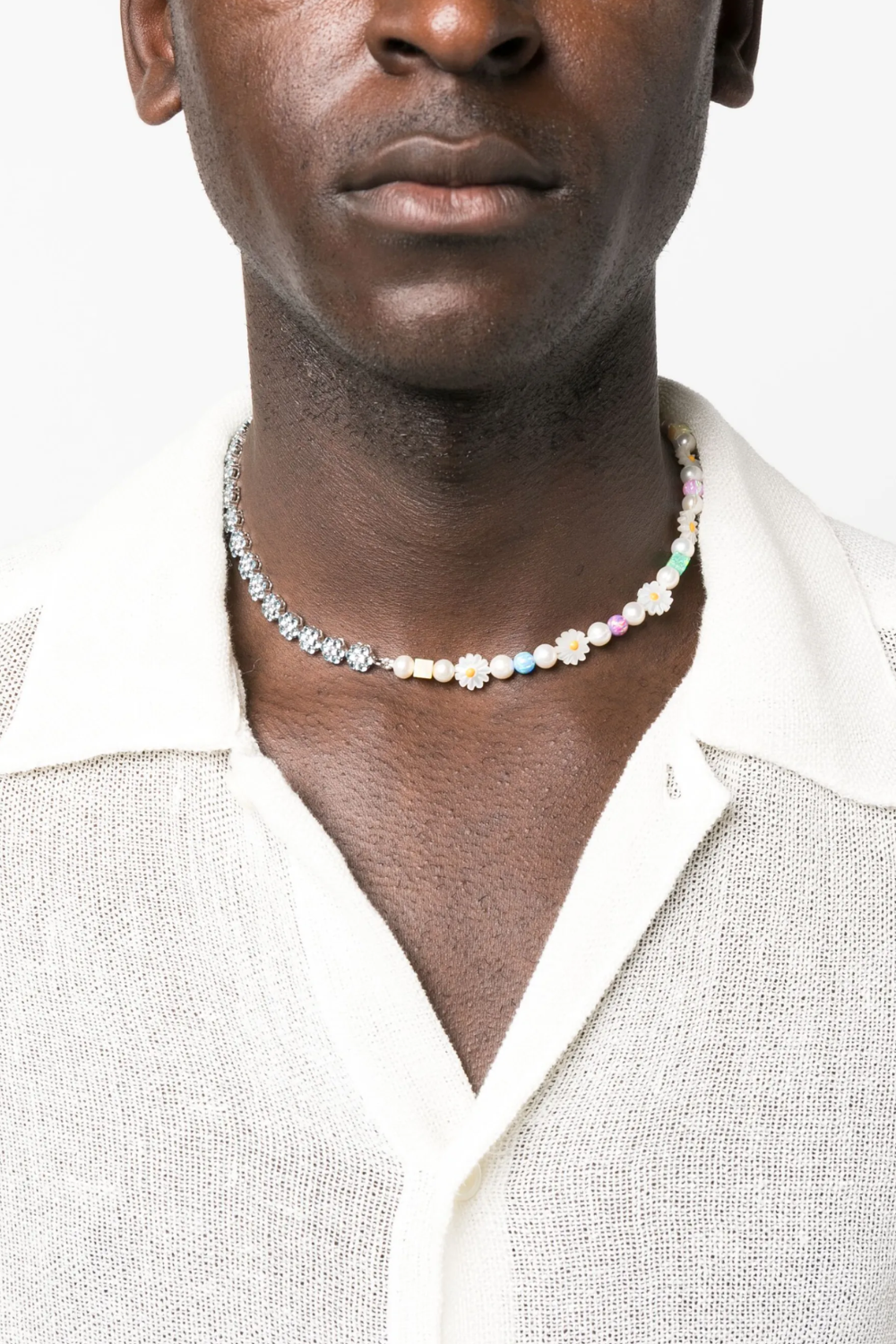 Close-up of the Hatton Labs x Botter Beaded Pearl Necklace, featuring a mix of natural pearls and colorful beads strung in a modern, asymmetrical design.
