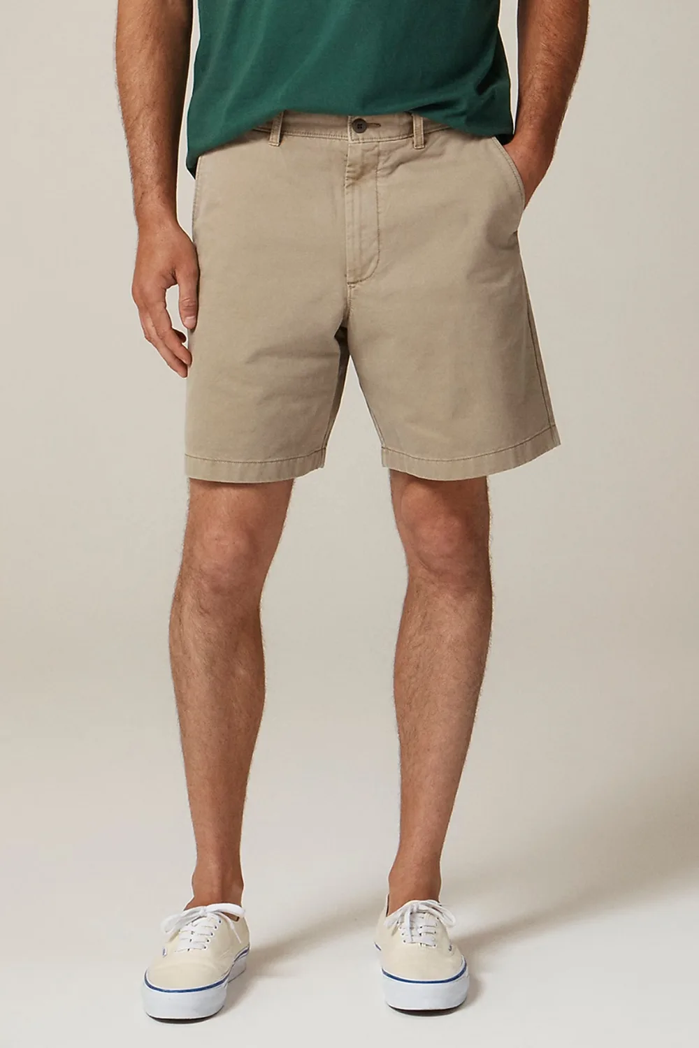 Man Wearing J.Crew 8'' Classic Chino Shorts in Khaki