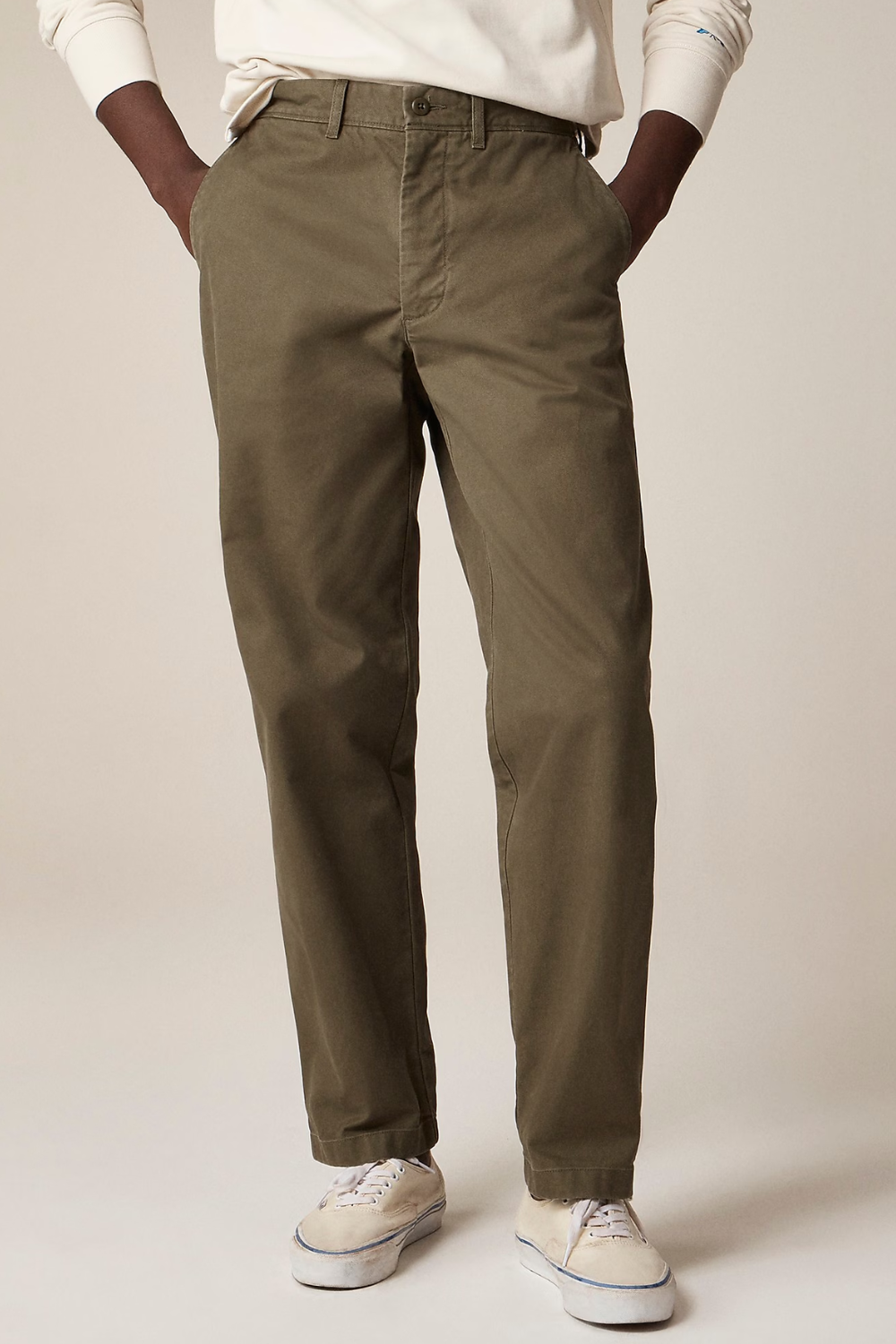 Man wearing J.Crew Classic chino pant in Dill