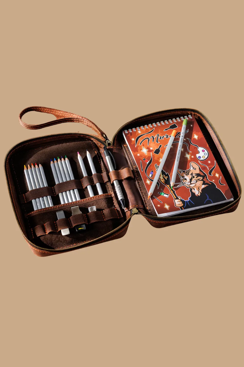 Leather Sketchbook Zipper Case in Tan