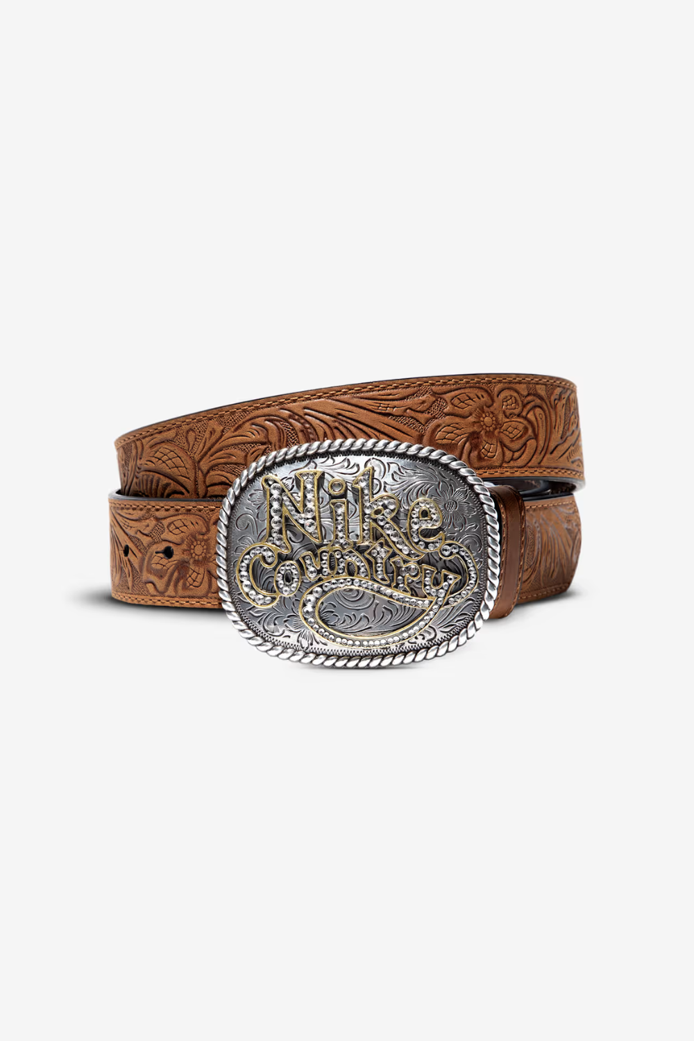 Nike Country Men's Rhinestone Plaque Buckle Embossed Leather Belt in Brown