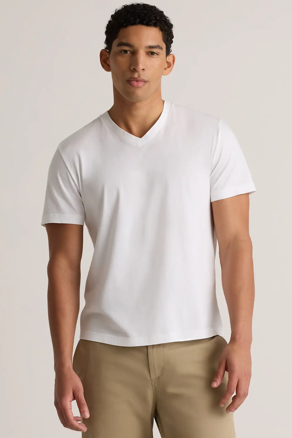 Man Wearing Quince 100% Pima Cotton Luxe Touch V-Neck Tee in White