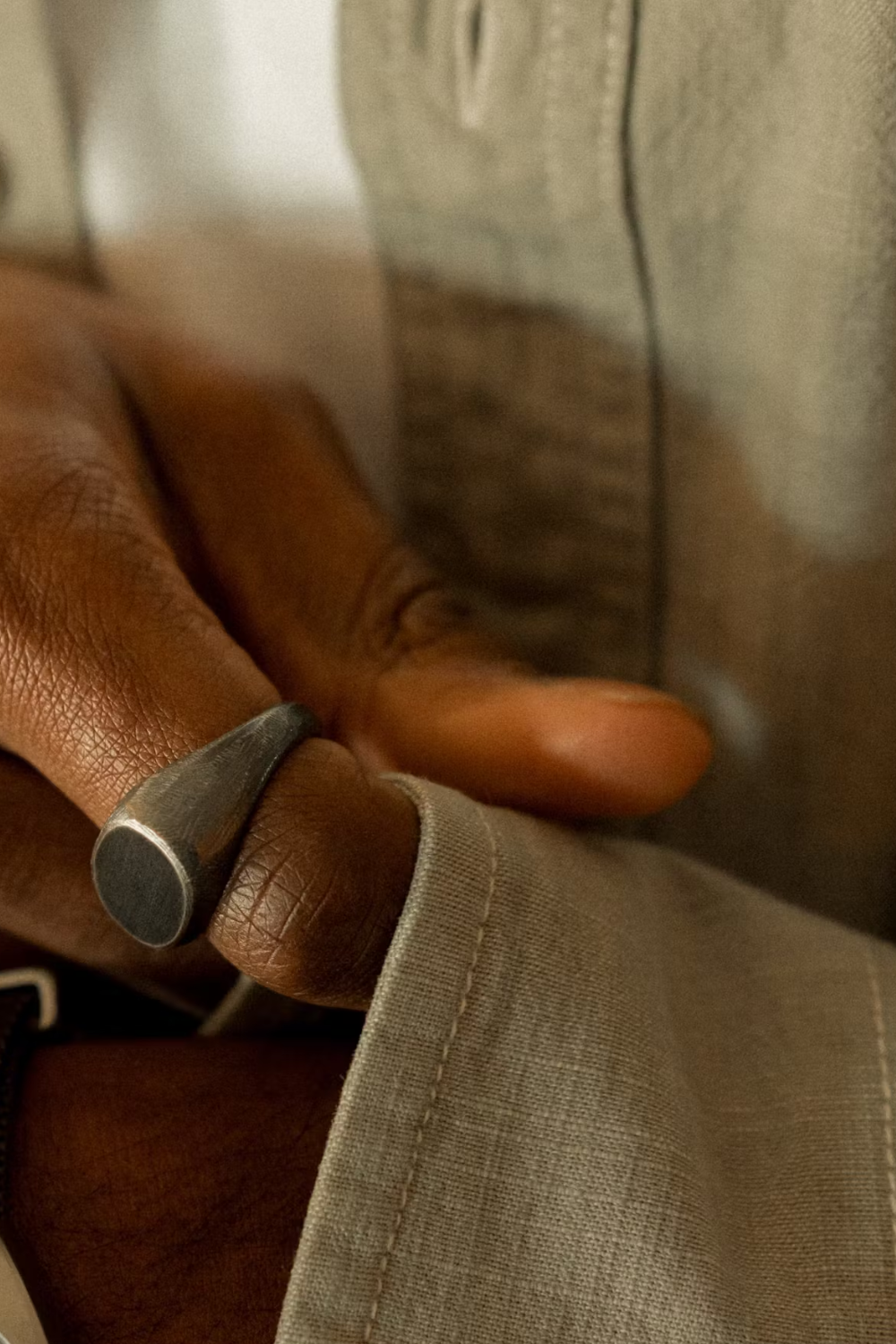 Close-up of the Studebaker Metals Signet Ring in aged silver, highlighting its handcrafted texture and naturally worn patina.