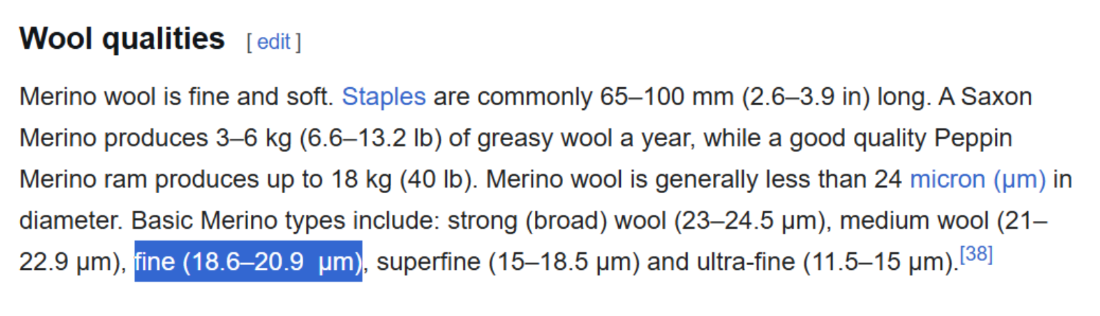 Screenshot of Wikipedia text describing Merino wool qualities, including fiber length, staple weight, and micron diameter classifications.