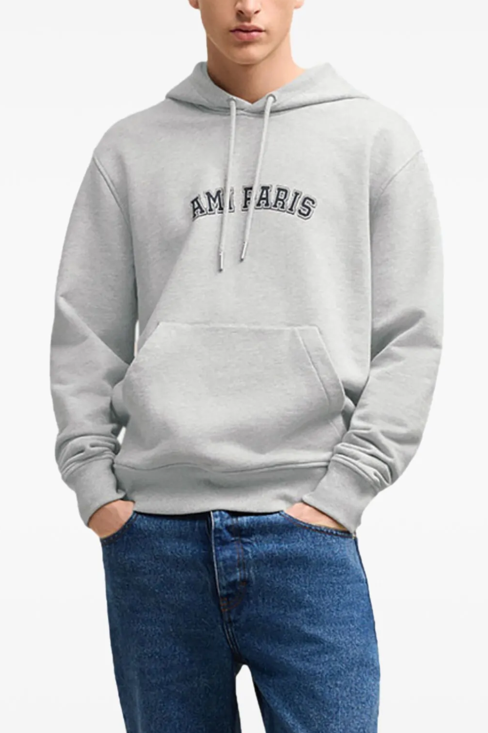 Man Wearing AMI Paris logo-print cotton hoodie in Gray