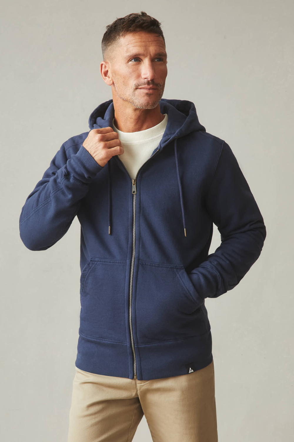 Man Wearing American Giant Classic Full Zip in Oxford Blue