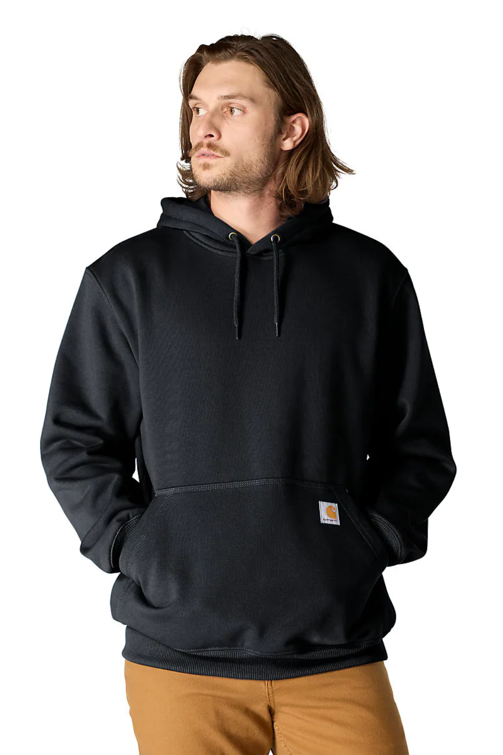 Man Wearing Carhartt Rain Defender Paxton Heavyweight Hoodie in Black