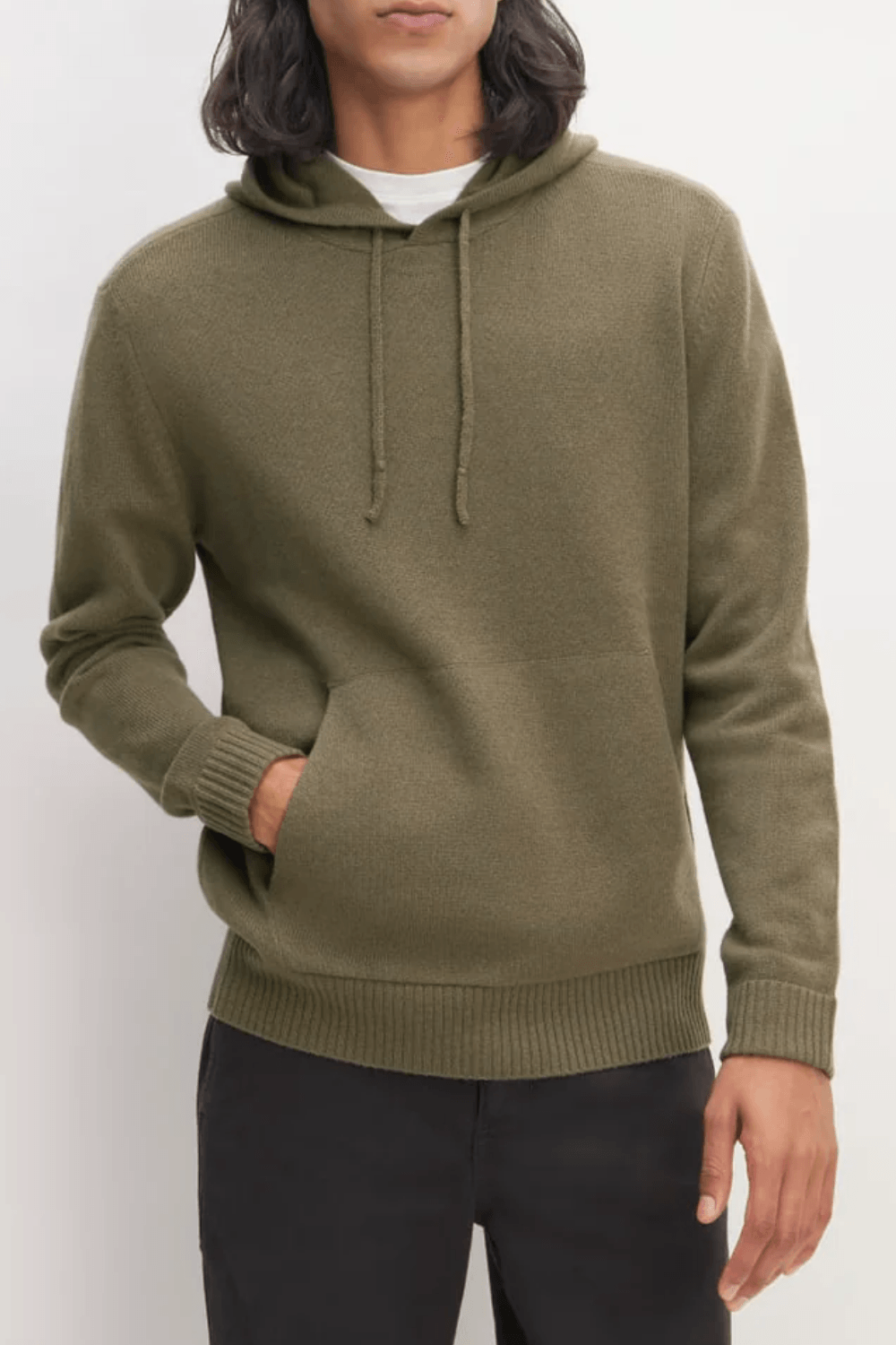 Man Wearing Everlane The Felted Merino Hoodie in Brown