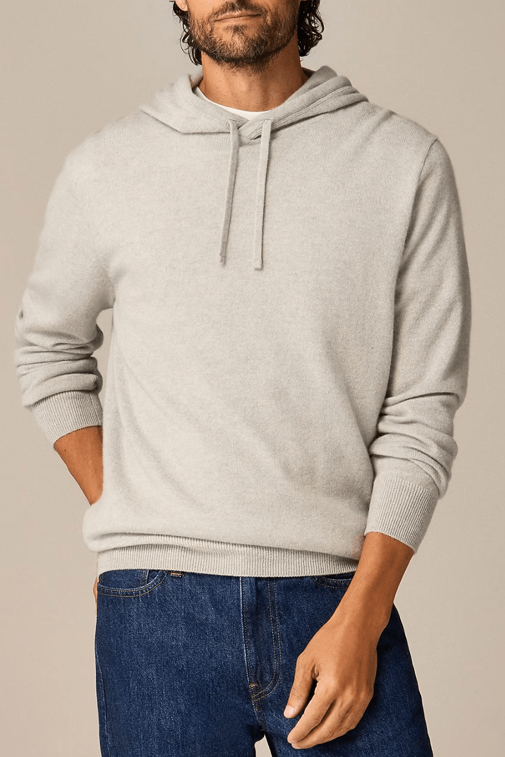 Man Wearing J.Crew Cashmere Hoodie in Gray