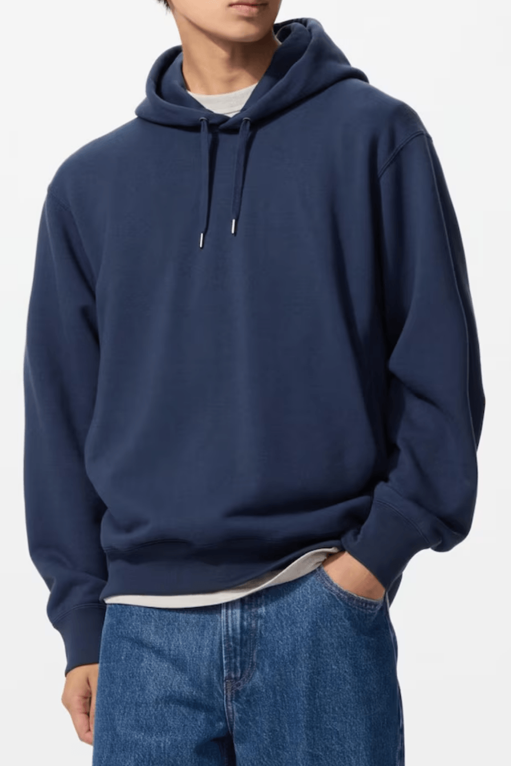 Man Wearing Uniqlo Sweat Pullover Hoodie in Navy