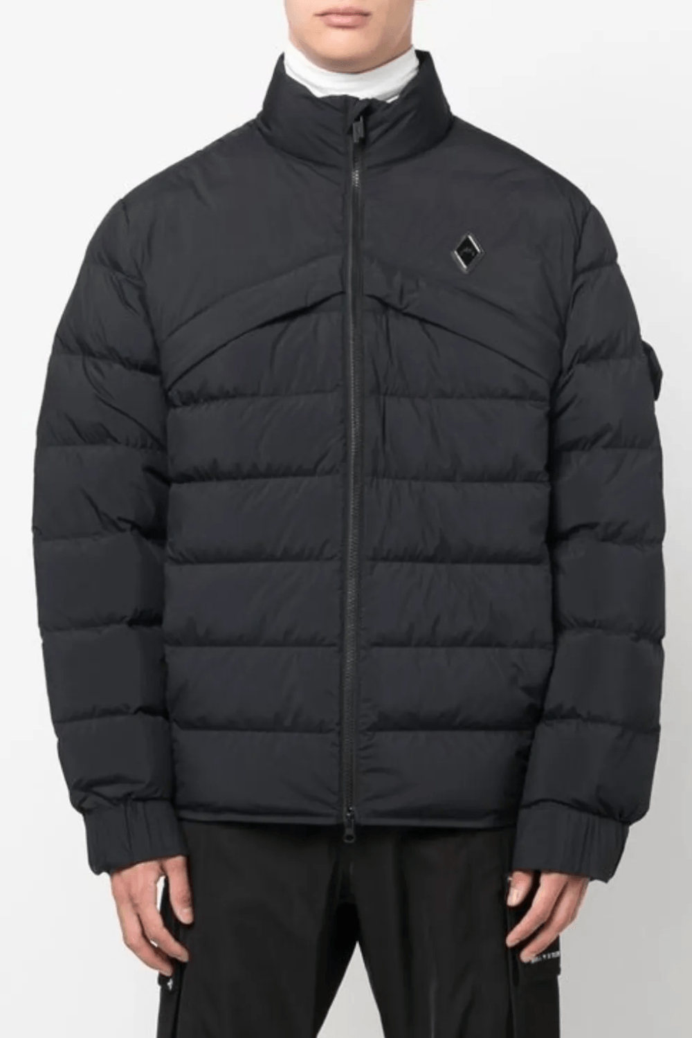 Man Wearing A-COLD-WALL_ Logo-Print Padded Jacket in Black