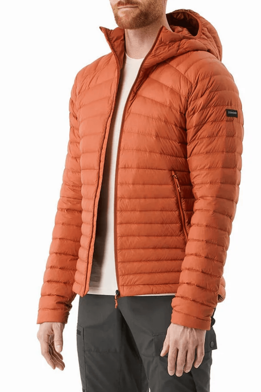 Man Wearing Decathlon Simond Men's MT100 Hooded Down Puffer Jacket in Dark sepia