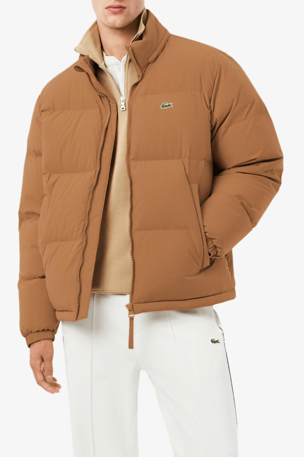 Man Wearing Lacoste Water-Repellent Hooded Down Jacket in Brown