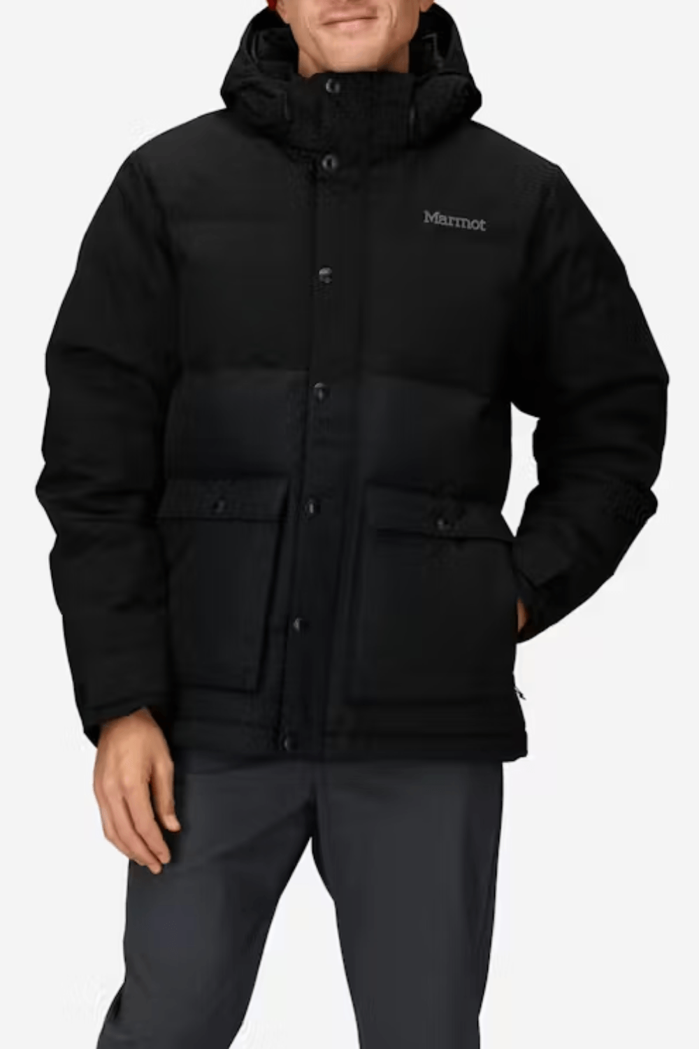 Man Wearing Marmot Fordham Down Waterproof Jacket in Black
